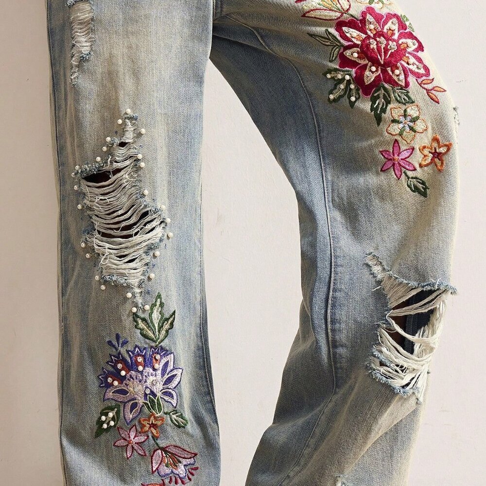 Casual Women's Boho Woven Embroidered Beaded detailed Jeans - Picture 4 of 8